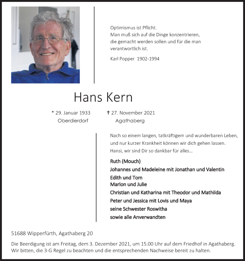  Traueranzeige für Hans Kern vom 30.11.2021 aus Kölner Stadt-Anzeiger / Kölnische Rundschau / Express