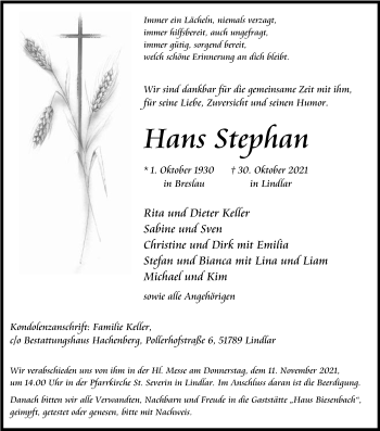 Anzeige von Hans Stephan von Kölner Stadt-Anzeiger / Kölnische Rundschau / Express