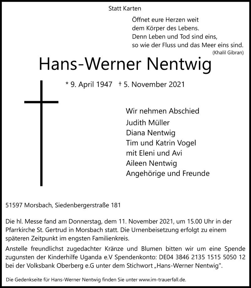  Traueranzeige für Hans-Werner Nentwig vom 12.11.2021 aus  Lokalanzeiger 