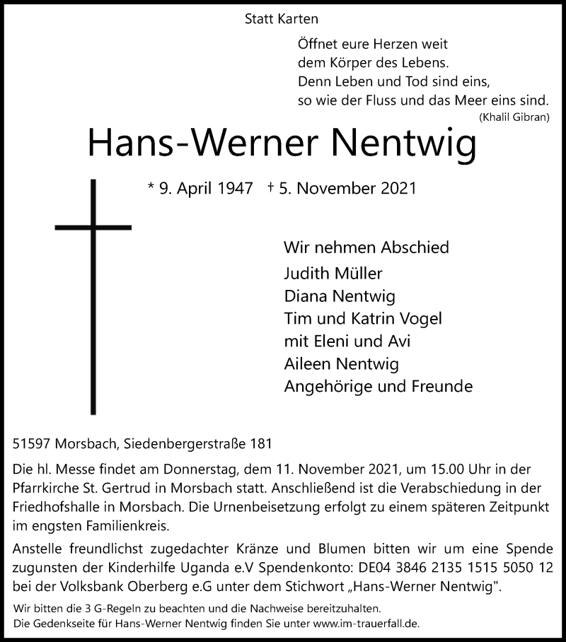  Traueranzeige für Hans-Werner Nentwig vom 09.11.2021 aus Kölner Stadt-Anzeiger / Kölnische Rundschau / Express