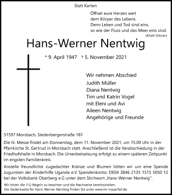 Anzeige von Hans-Werner Nentwig von Kölner Stadt-Anzeiger / Kölnische Rundschau / Express
