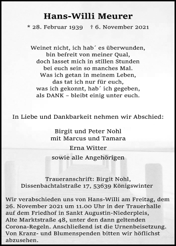 Anzeige von Hans-Willi Meurer von Kölner Stadt-Anzeiger / Kölnische Rundschau / Express
