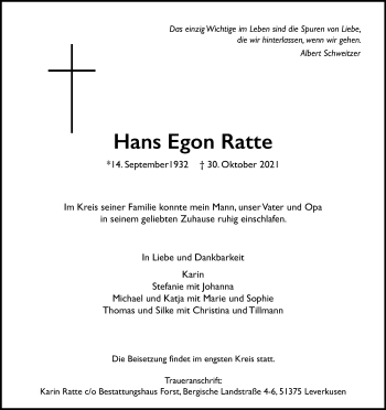 Anzeige von Hans Egon Ratte von Kölner Stadt-Anzeiger / Kölnische Rundschau / Express