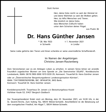 Anzeige von Hans Günther Jansen von Kölner Stadt-Anzeiger / Kölnische Rundschau / Express