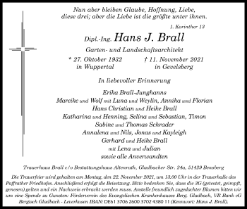 Anzeige von Hans J. Brall von Kölner Stadt-Anzeiger / Kölnische Rundschau / Express