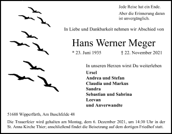 Anzeige von Hans Werner Meger von Kölner Stadt-Anzeiger / Kölnische Rundschau / Express