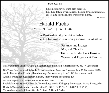 Anzeige von Harald Fuchs von Kölner Stadt-Anzeiger / Kölnische Rundschau / Express