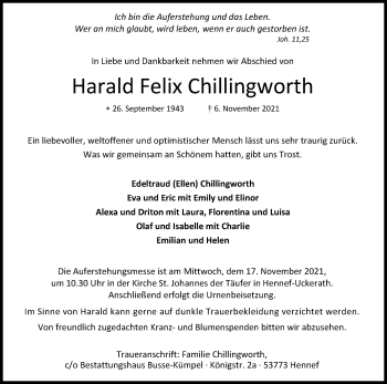 Anzeige von Harald Felix Chillingworth von Kölner Stadt-Anzeiger / Kölnische Rundschau / Express