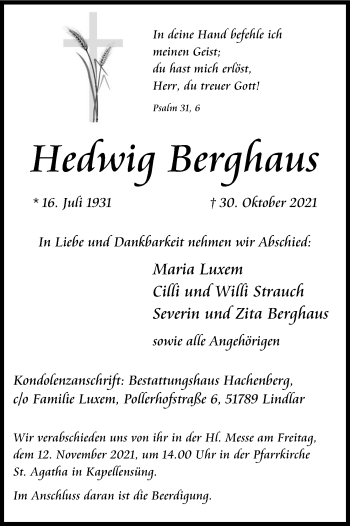 Anzeige von Hedwig Berghaus von Kölner Stadt-Anzeiger / Kölnische Rundschau / Express