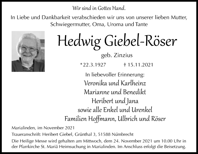  Traueranzeige für Hedwig Giebel-Röser vom 20.11.2021 aus Kölner Stadt-Anzeiger / Kölnische Rundschau / Express