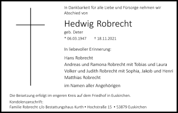 Anzeige von Hedwig Robrecht von Kölner Stadt-Anzeiger / Kölnische Rundschau / Express