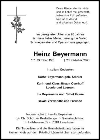 Anzeige von Heinz Beyermann von Kölner Stadt-Anzeiger / Kölnische Rundschau / Express