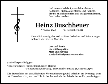 Anzeige von Heinz Buschheuer von Kölner Stadt-Anzeiger / Kölnische Rundschau / Express