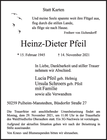 Anzeige von Heinz-Dieter Pfeil von  Wochenende 