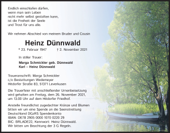 Anzeige von Heinz Dünnwald von Kölner Stadt-Anzeiger / Kölnische Rundschau / Express
