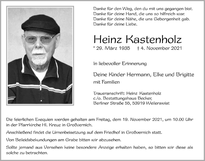 Traueranzeige für Heinz Kastenholz vom 13.11.2021 aus  Blickpunkt Euskirchen 
