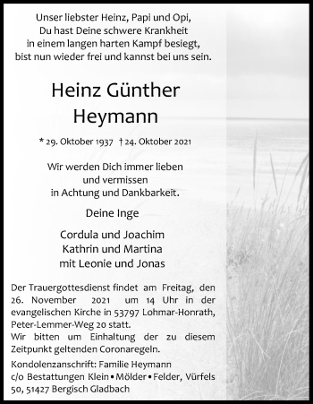 Anzeige von Heinz Günther Heymann von Kölner Stadt-Anzeiger / Kölnische Rundschau / Express