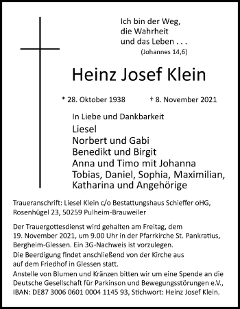 Anzeige von Heinz Josef Klein von Kölner Stadt-Anzeiger / Kölnische Rundschau / Express