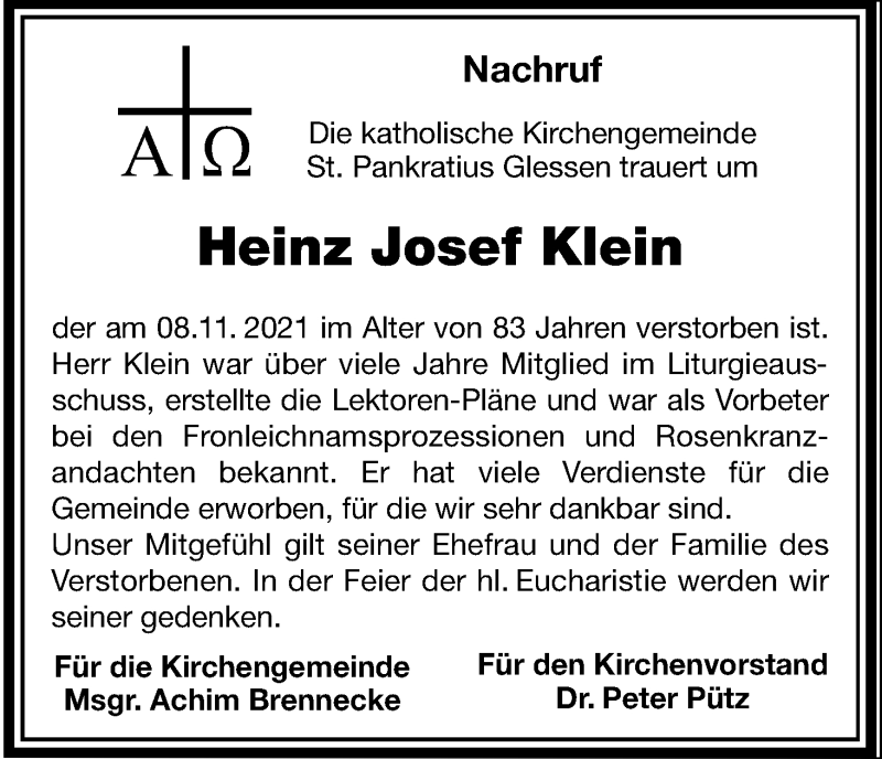  Traueranzeige für Heinz Josef Klein vom 20.11.2021 aus Kölner Stadt-Anzeiger / Kölnische Rundschau / Express