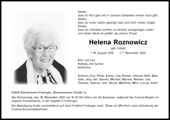 Anzeige von Helena Roznowicz von Kölner Stadt-Anzeiger / Kölnische Rundschau / Express