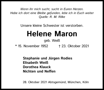 Anzeige von Helene Maron von Kölner Stadt-Anzeiger / Kölnische Rundschau / Express