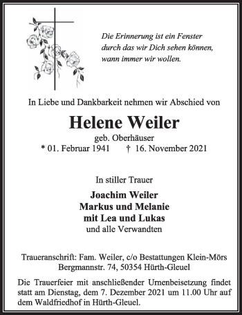 Anzeige von Helene Weiler von  Wochenende 