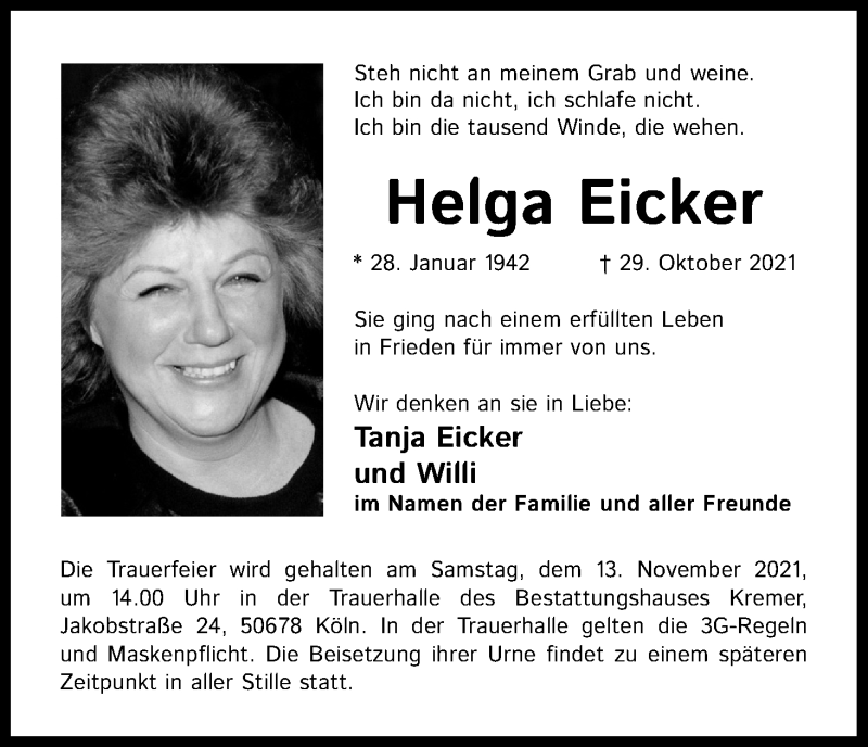  Traueranzeige für Helga Eicker vom 10.11.2021 aus Kölner Stadt-Anzeiger / Kölnische Rundschau / Express