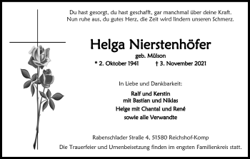 Anzeige von Helga Nierstenhöfer von Kölner Stadt-Anzeiger / Kölnische Rundschau / Express