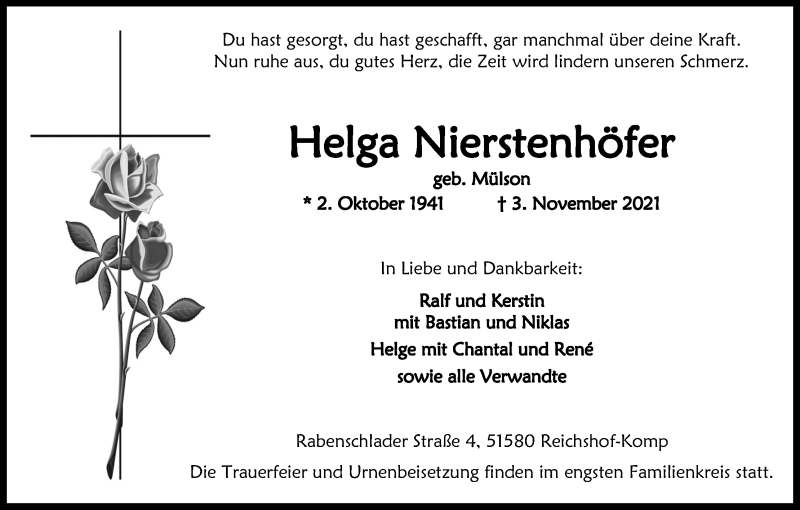  Traueranzeige für Helga Nierstenhöfer vom 06.11.2021 aus Kölner Stadt-Anzeiger / Kölnische Rundschau / Express