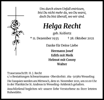 Anzeige von Helga Recht von Kölner Stadt-Anzeiger / Kölnische Rundschau / Express