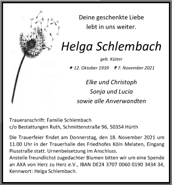 Anzeige von Helga Schlembach von Kölner Stadt-Anzeiger / Kölnische Rundschau / Express