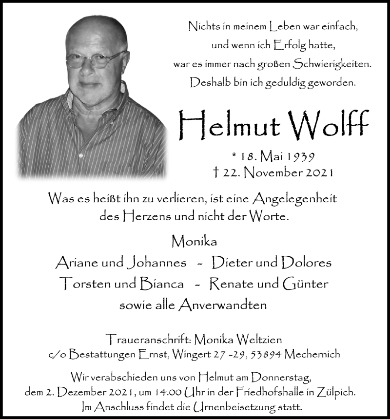  Traueranzeige für Helmut Wolff vom 27.11.2021 aus  Blickpunkt Euskirchen 