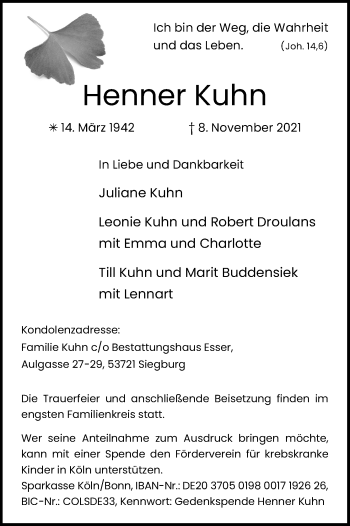 Anzeige von Henner Kuhn von Kölner Stadt-Anzeiger / Kölnische Rundschau / Express