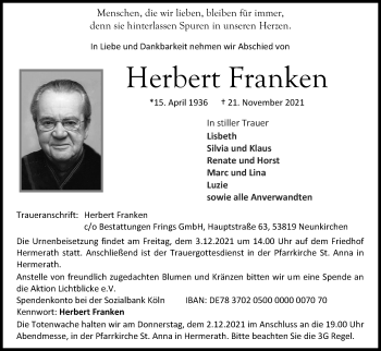Anzeige von Herbert Franken von Kölner Stadt-Anzeiger / Kölnische Rundschau / Express