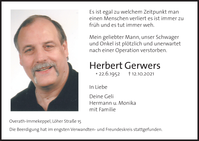  Traueranzeige für Herbert Gerwers vom 13.11.2021 aus Kölner Stadt-Anzeiger / Kölnische Rundschau / Express