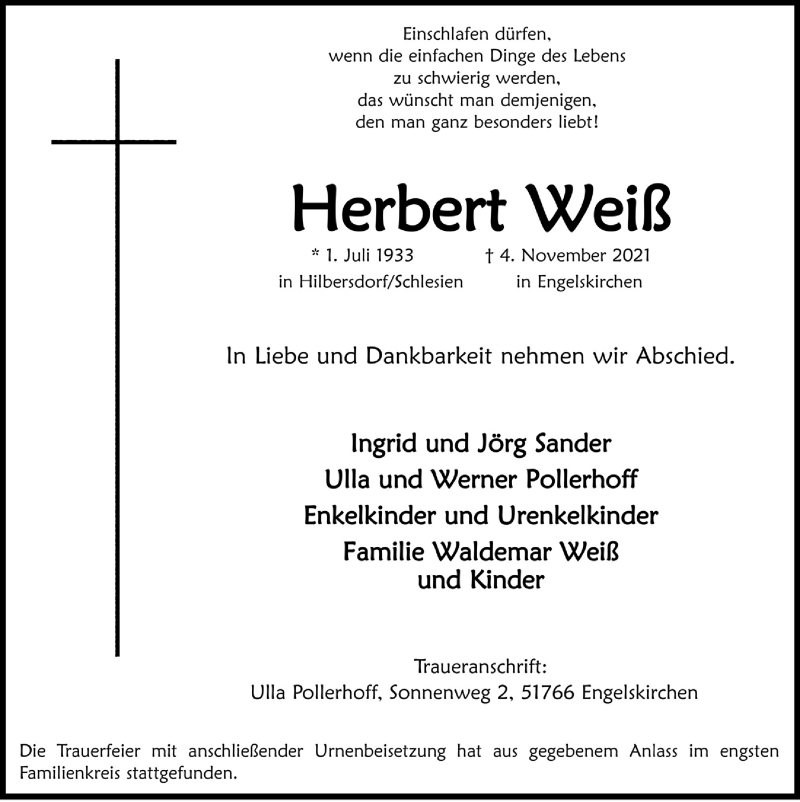  Traueranzeige für Herbert Weiß vom 12.11.2021 aus  Anzeigen Echo 