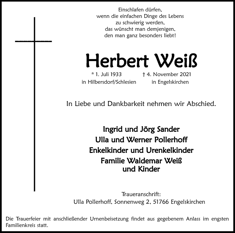  Traueranzeige für Herbert Weiß vom 06.11.2021 aus Kölner Stadt-Anzeiger / Kölnische Rundschau / Express