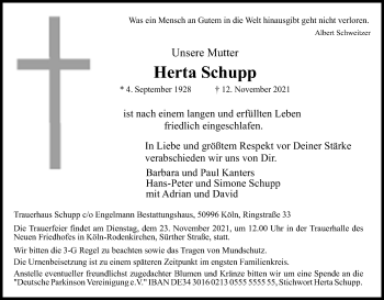 Anzeige von Herta Schupp von Kölner Stadt-Anzeiger / Kölnische Rundschau / Express