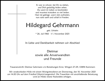 Anzeige von Hildegard Gehrmann von Kölner Stadt-Anzeiger / Kölnische Rundschau / Express