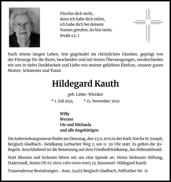 Anzeige von Hildegard Kauth von Kölner Stadt-Anzeiger / Kölnische Rundschau / Express