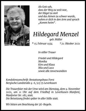 Anzeige von Hildegard Menzel von Kölner Stadt-Anzeiger / Kölnische Rundschau / Express