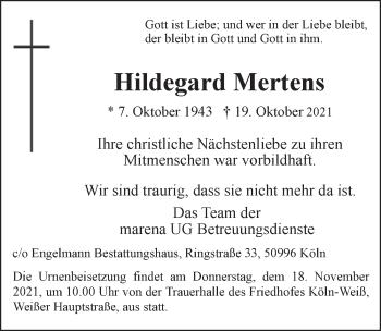 Anzeige von Hildegard Mertens von  Kölner Wochenspiegel 