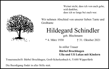Anzeige von Hildegard Schindler von Kölner Stadt-Anzeiger / Kölnische Rundschau / Express