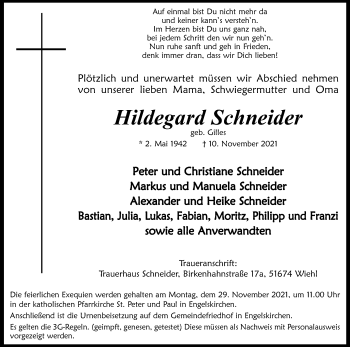Anzeige von Hildegard Schneider von Kölner Stadt-Anzeiger / Kölnische Rundschau / Express
