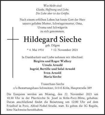 Anzeige von Hildegard Sieche von  Kölner Wochenspiegel 