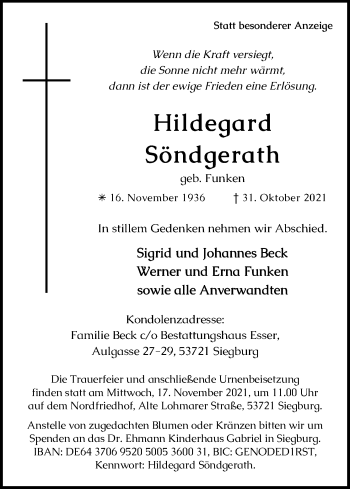 Anzeige von Hildegard Söndgerath von Kölner Stadt-Anzeiger / Kölnische Rundschau / Express