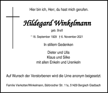 Anzeige von Hildegard Winkelmann von Kölner Stadt-Anzeiger / Kölnische Rundschau / Express