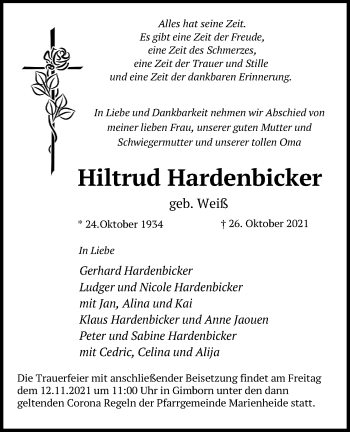 Anzeige von Hiltrud Hardenbicker von Kölner Stadt-Anzeiger / Kölnische Rundschau / Express