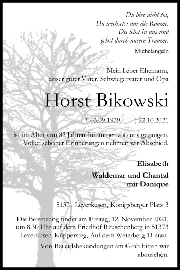 Anzeige von Horst Bikowski von Kölner Stadt-Anzeiger / Kölnische Rundschau / Express