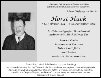 Anzeige von Horst Huck von Kölner Stadt-Anzeiger / Kölnische Rundschau / Express
